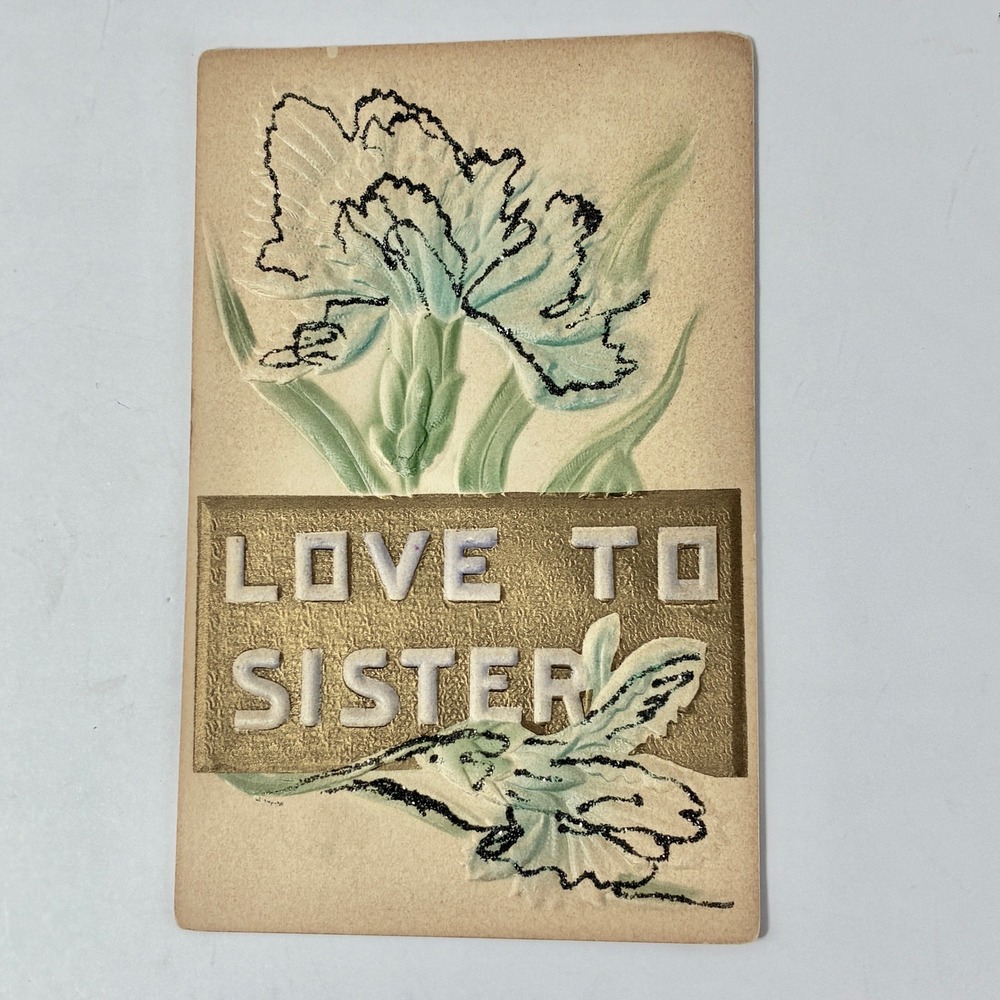 Antique Love To Sister Embossed Postcard Floral Iris Glitter Unposted Vintage